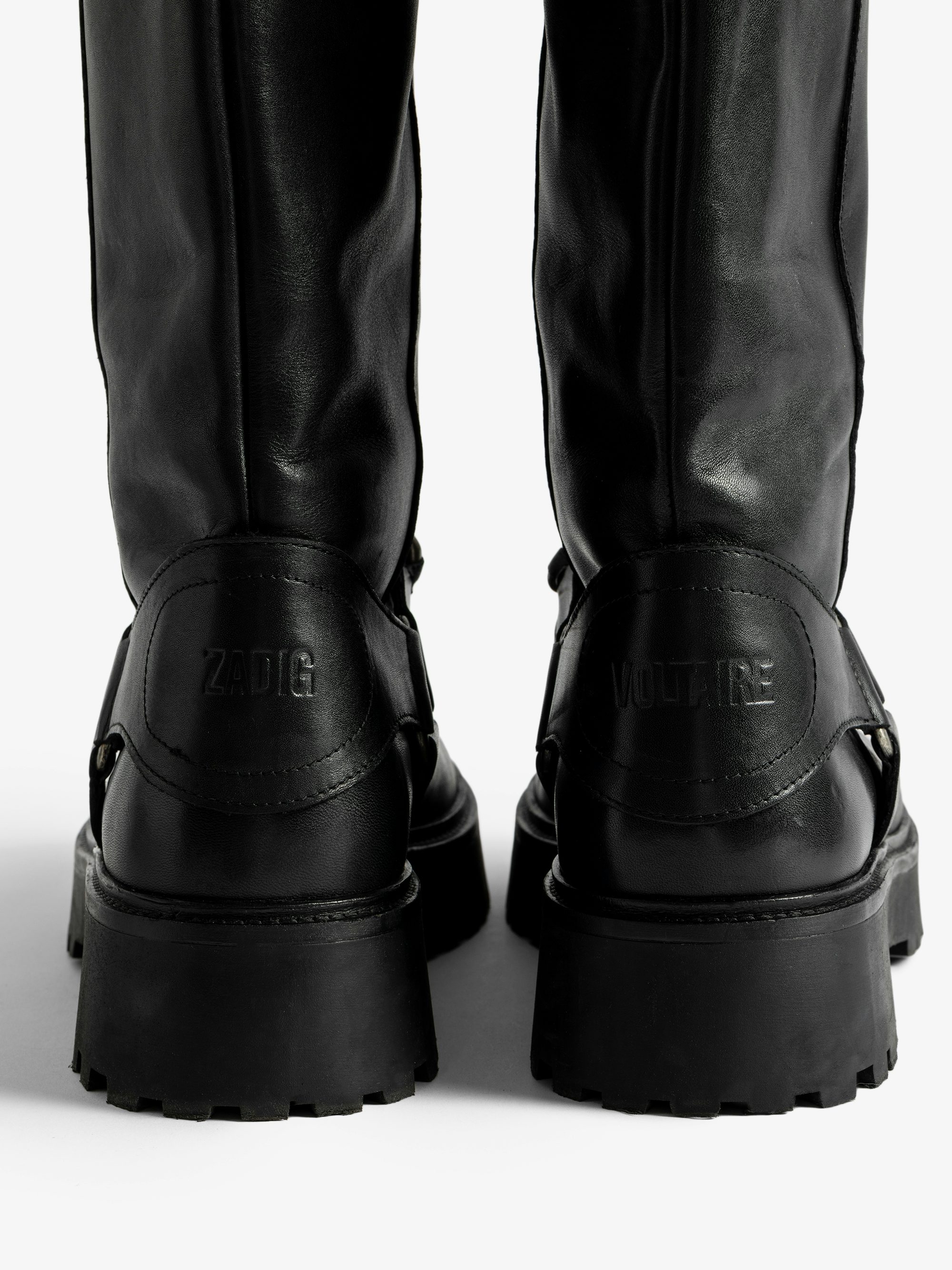Angie Ankle Boots - Biker-inspired leather ankle boots with harness adorned with chain details.